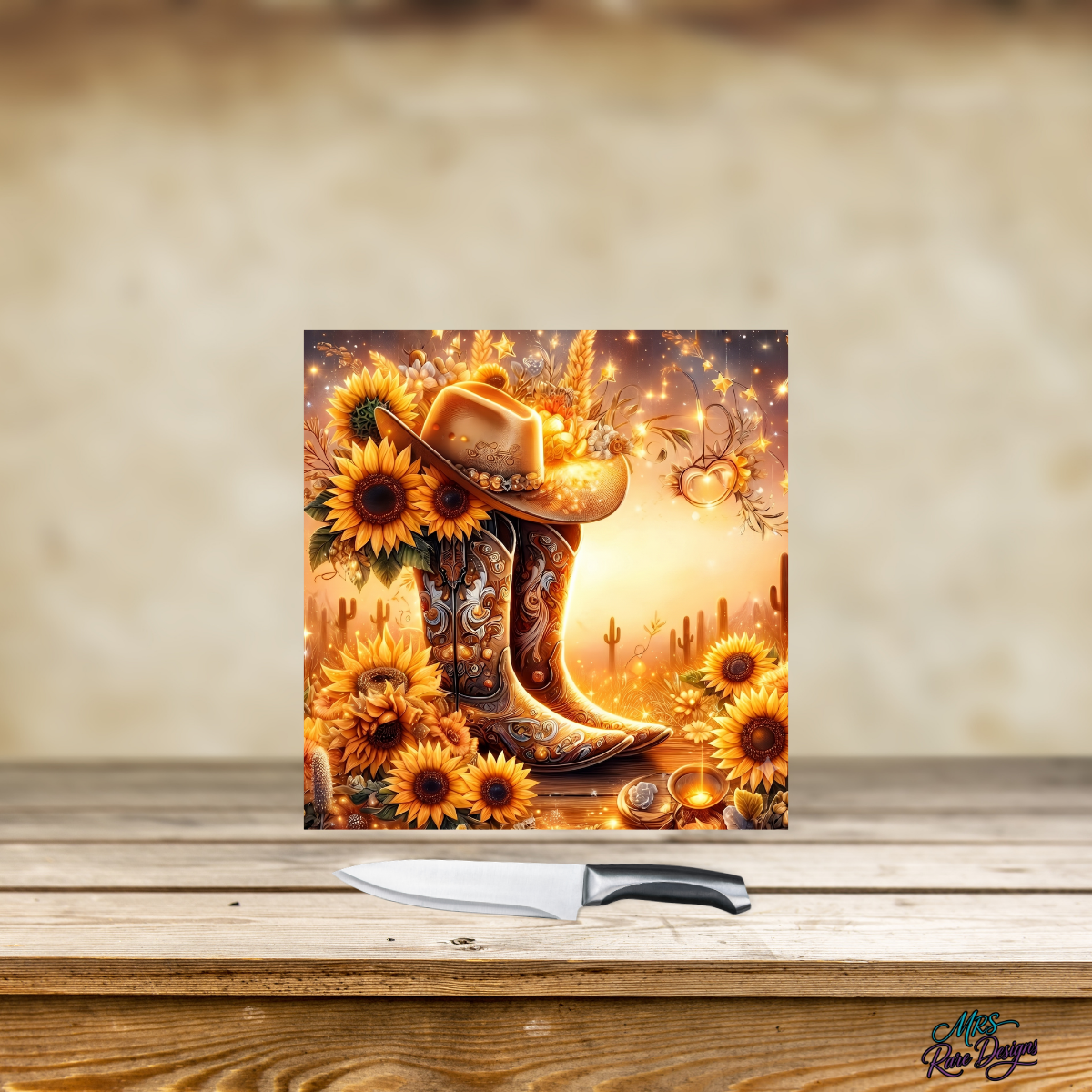 Sunflower & Spurs Glass Cutting Board
