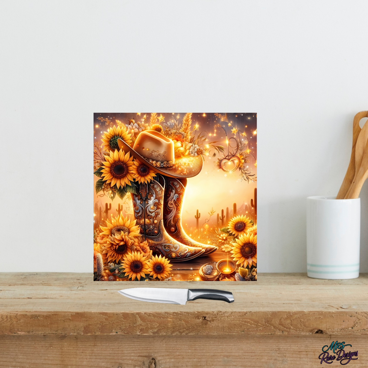 Sunflower & Spurs Glass Cutting Board