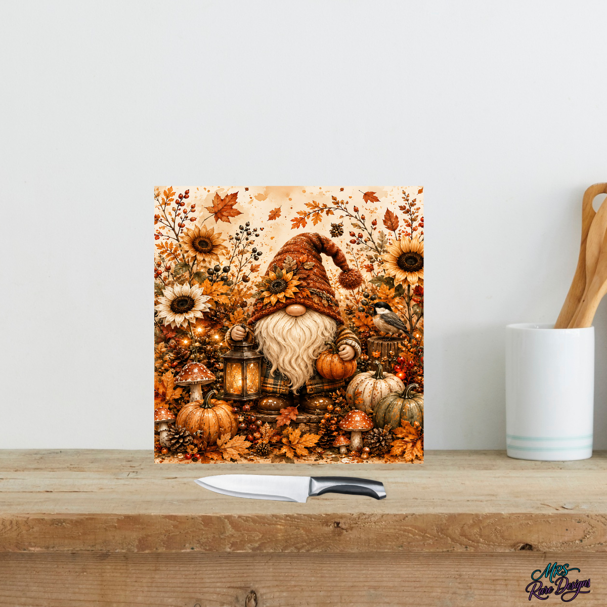 Harvest Lantern Gnome Square Glass Cutting Board