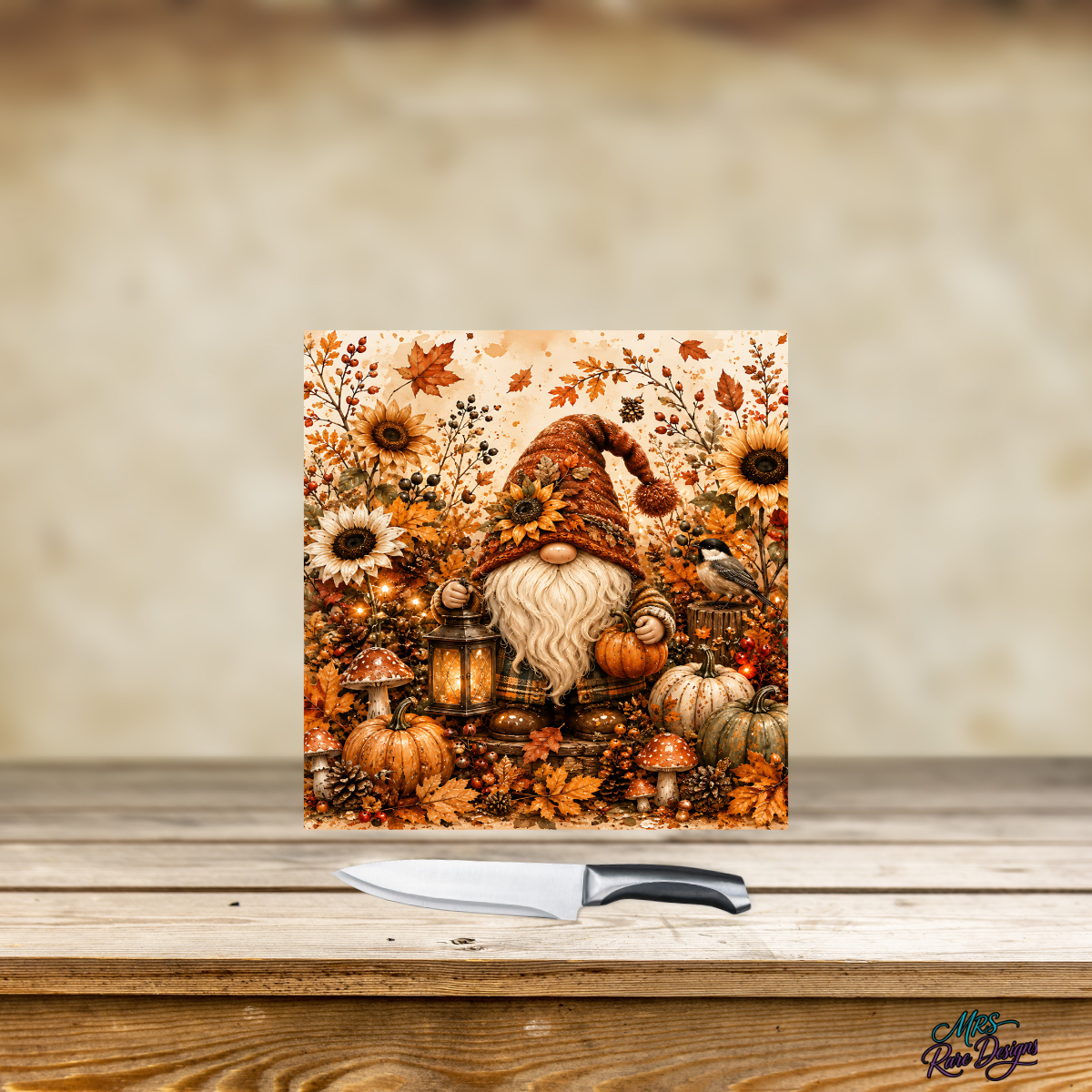 Harvest Lantern Gnome Square Glass Cutting Board