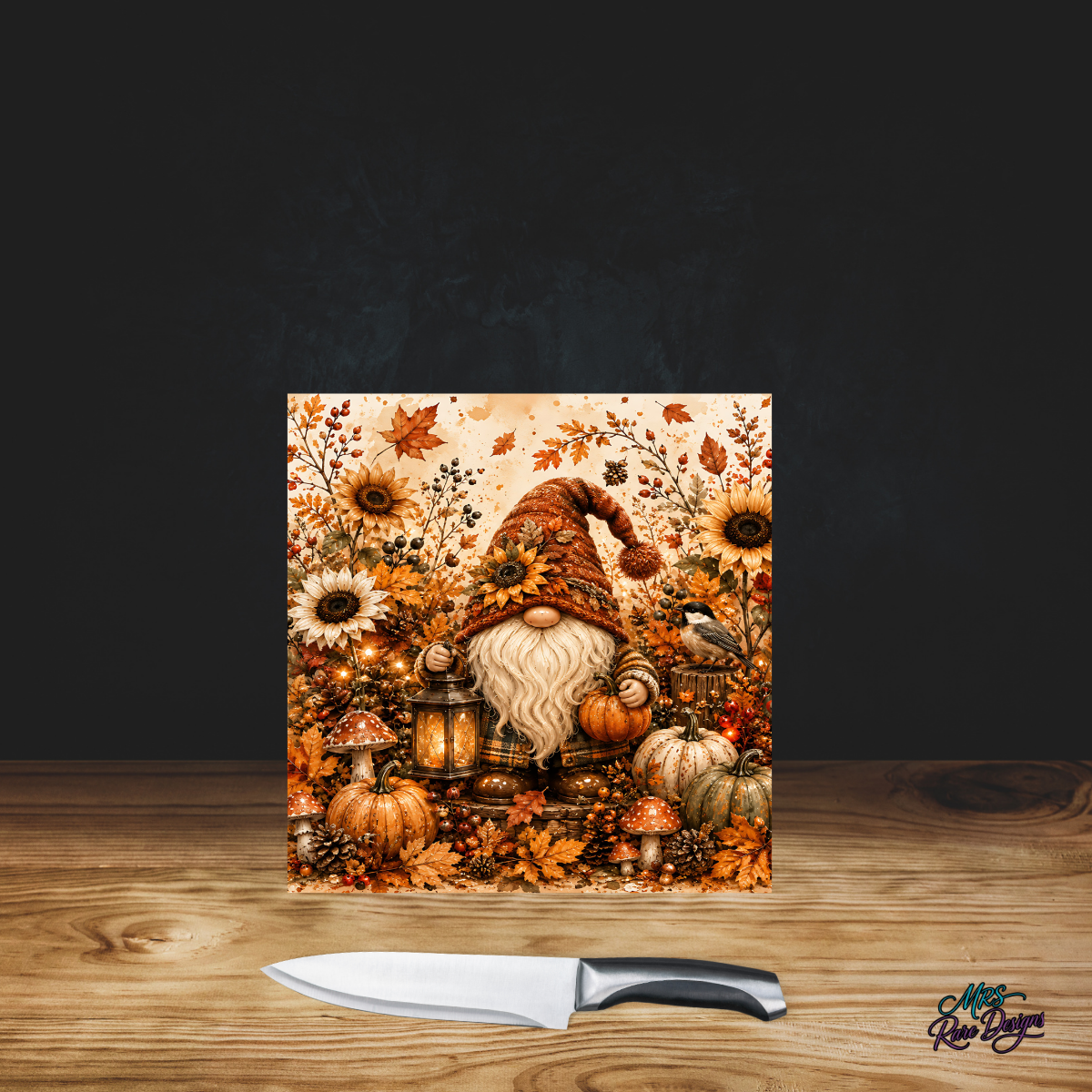 Harvest Lantern Gnome Square Glass Cutting Board