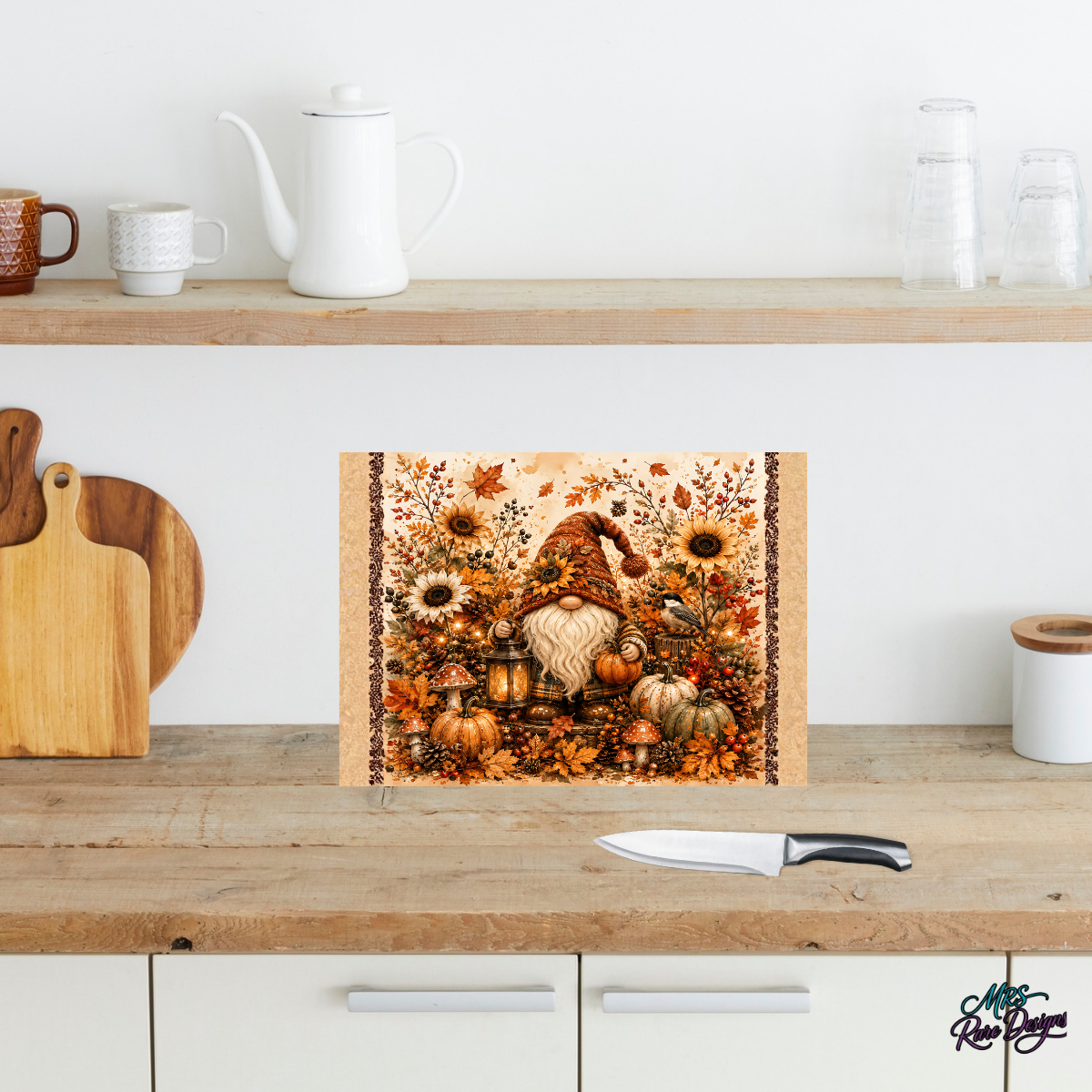 Harvest Lantern Gnome Glass Cutting Board