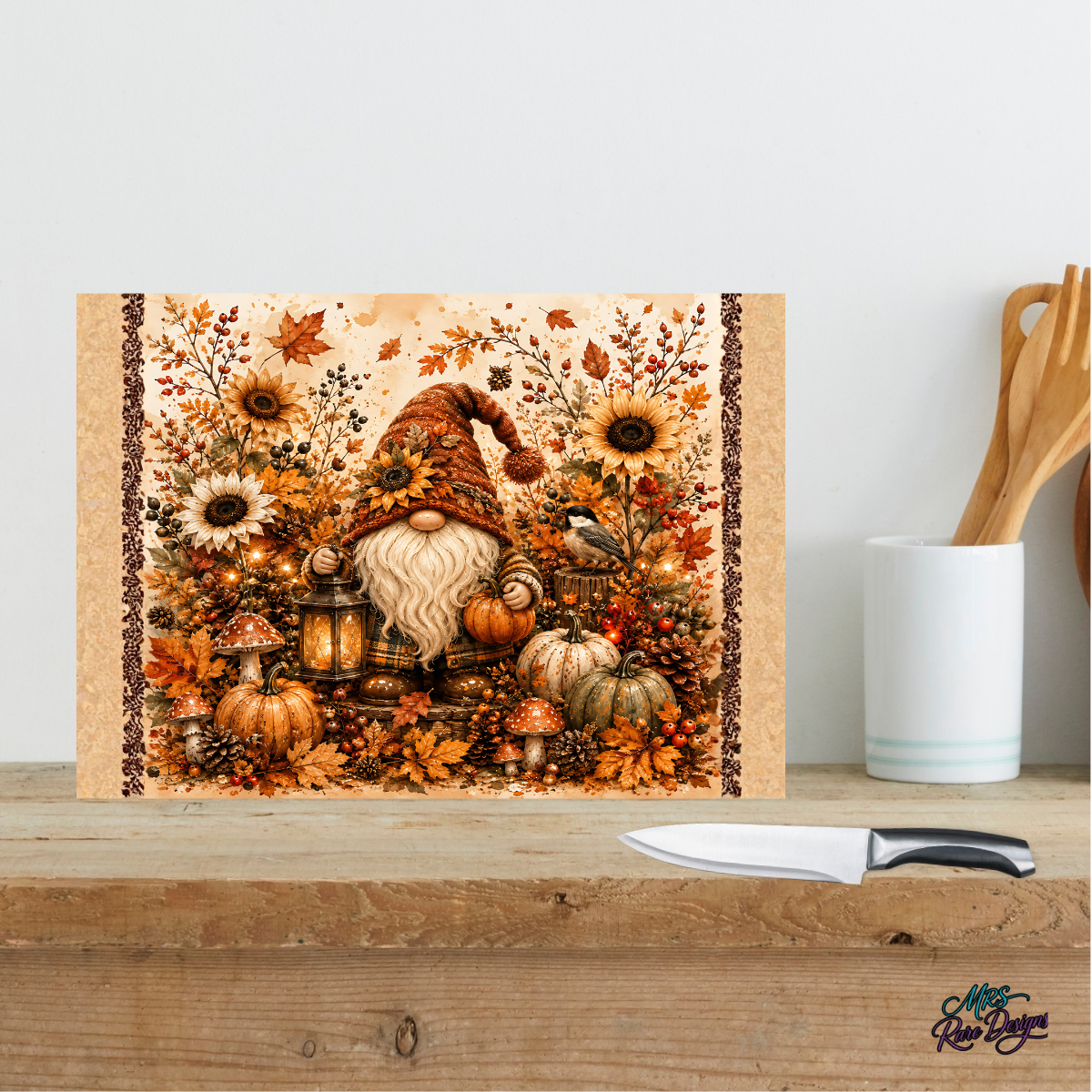 Harvest Lantern Gnome Glass Cutting Board