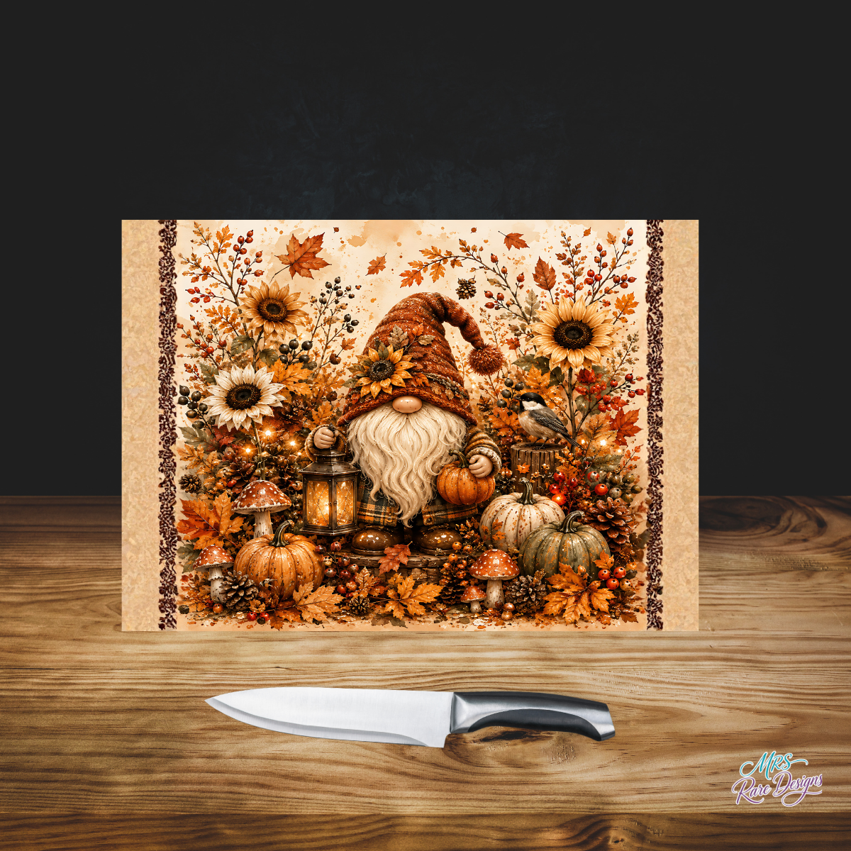 Harvest Lantern Gnome Glass Cutting Board