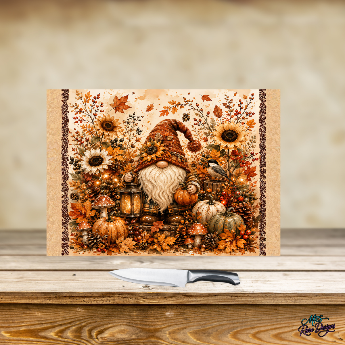 Harvest Lantern Gnome Glass Cutting Board