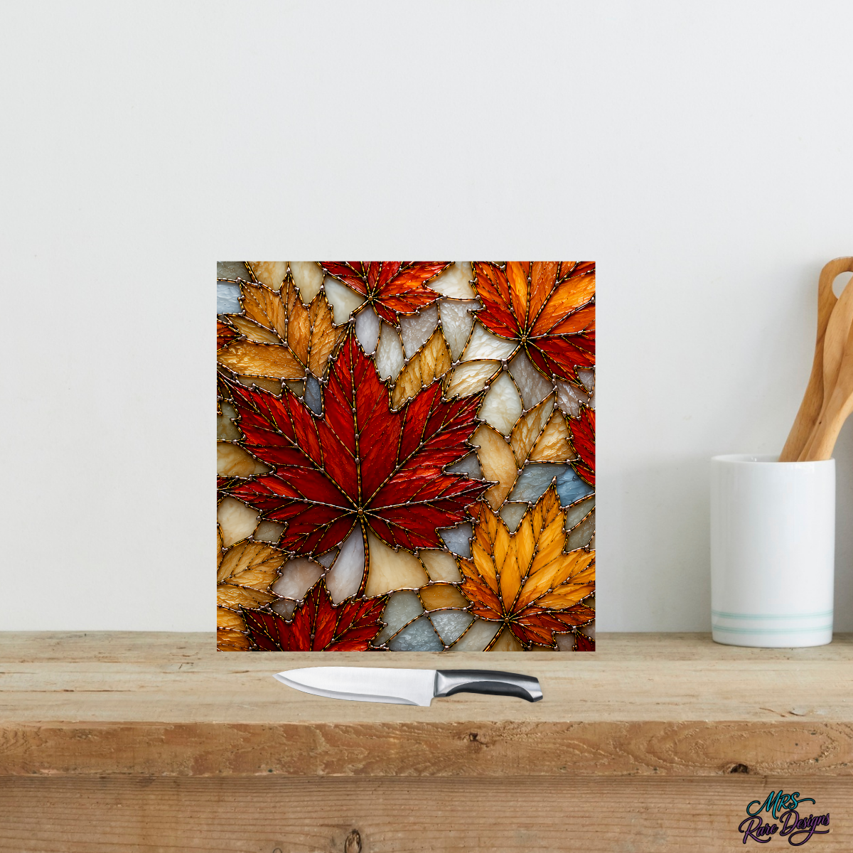 Harvest Stained Glass Autumn Maple Leaf 9-Inch Glass Cutting Board