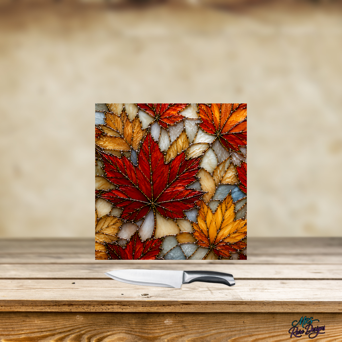 Harvest Stained Glass Autumn Maple Leaf 9-Inch Glass Cutting Board