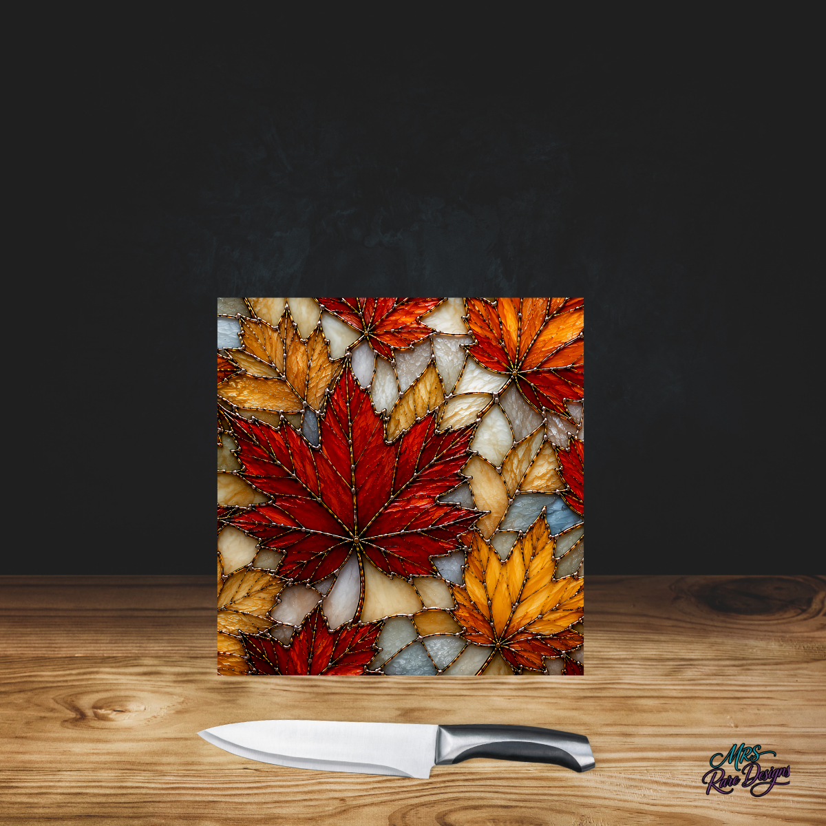Harvest Stained Glass Autumn Maple Leaf 9-Inch Glass Cutting Board
