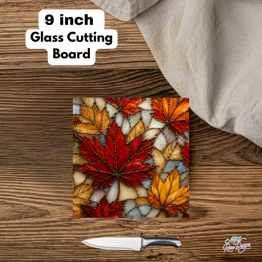 Harvest Stained Glass Autumn Maple Leaf 9-Inch Glass Cutting Board