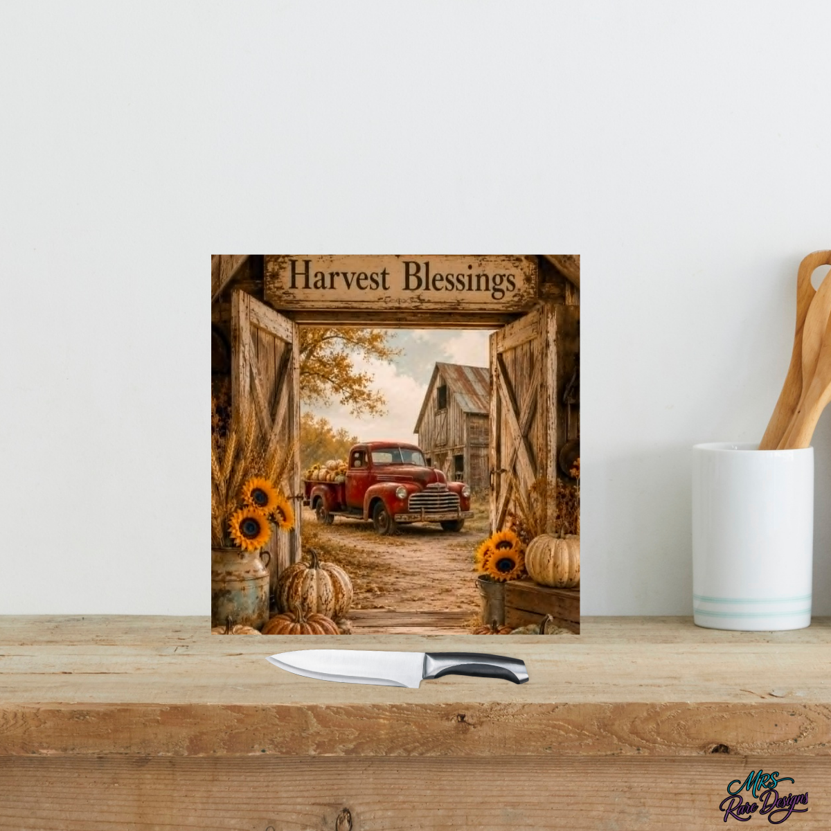 Harvest Blessings Square Glass Cutting Board (9-Inch)