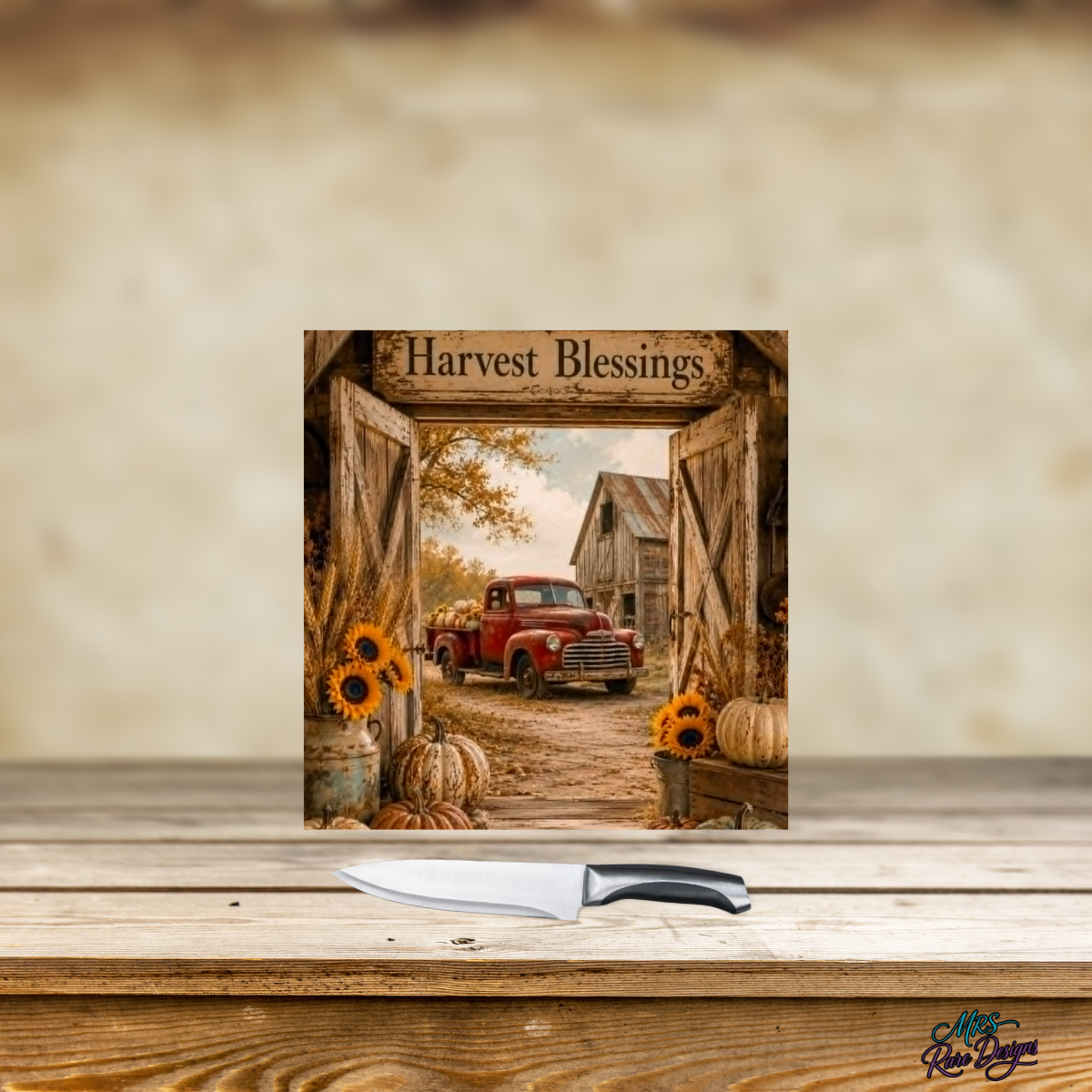 Harvest Blessings Square Glass Cutting Board (9-Inch)