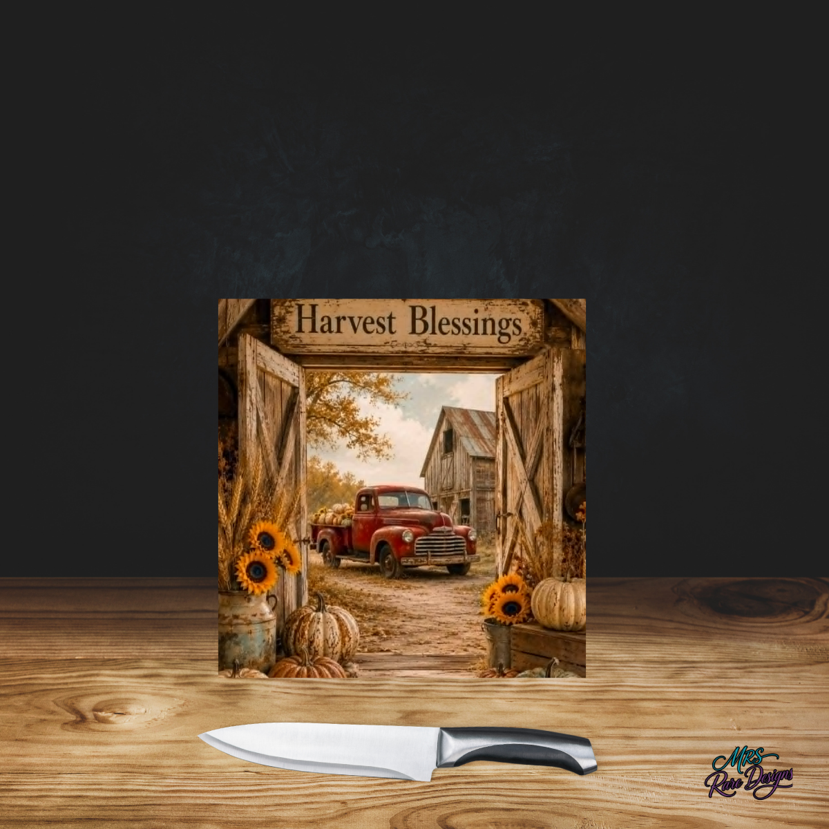 Harvest Blessings Square Glass Cutting Board (9-Inch)