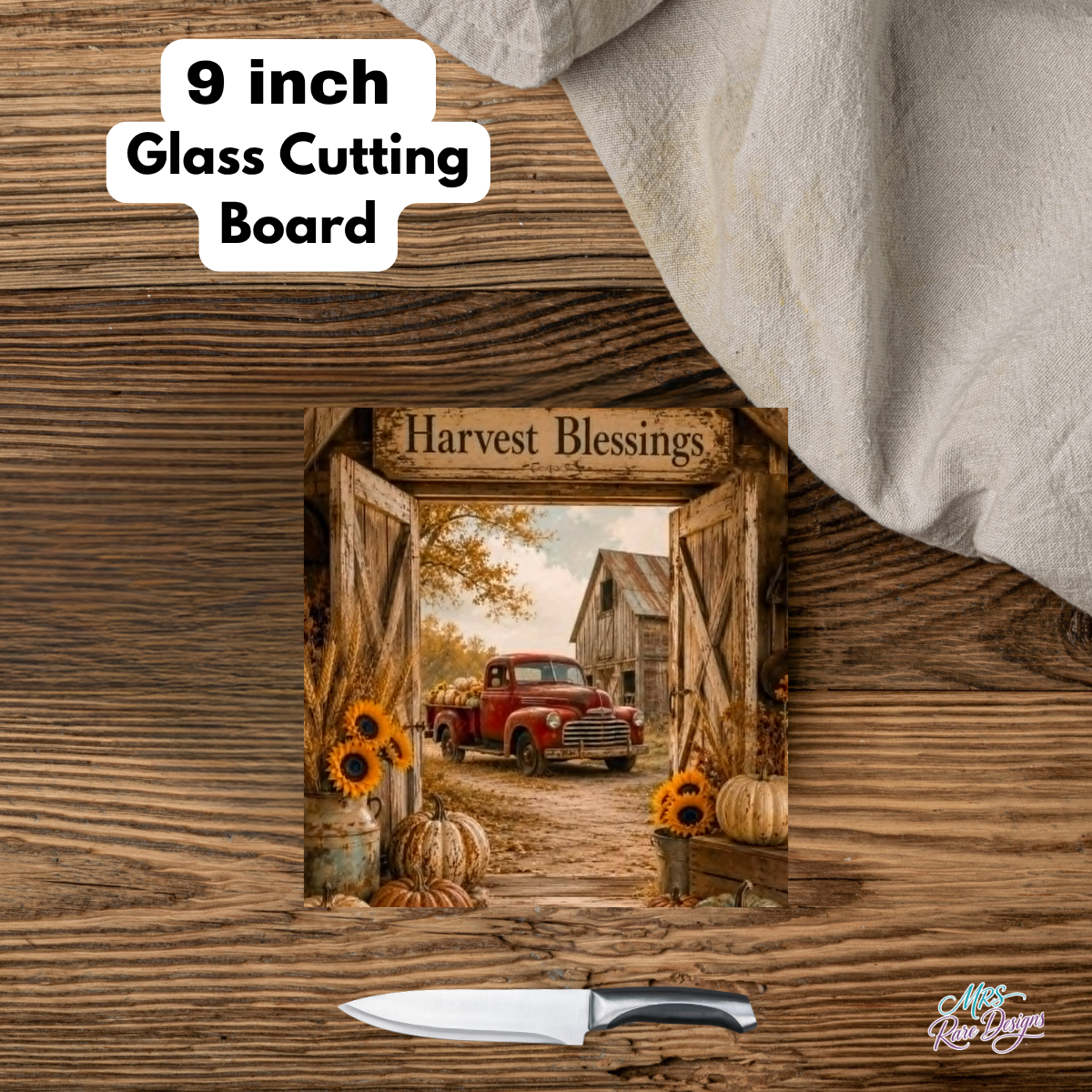 Harvest Blessings Square Glass Cutting Board (9-Inch)