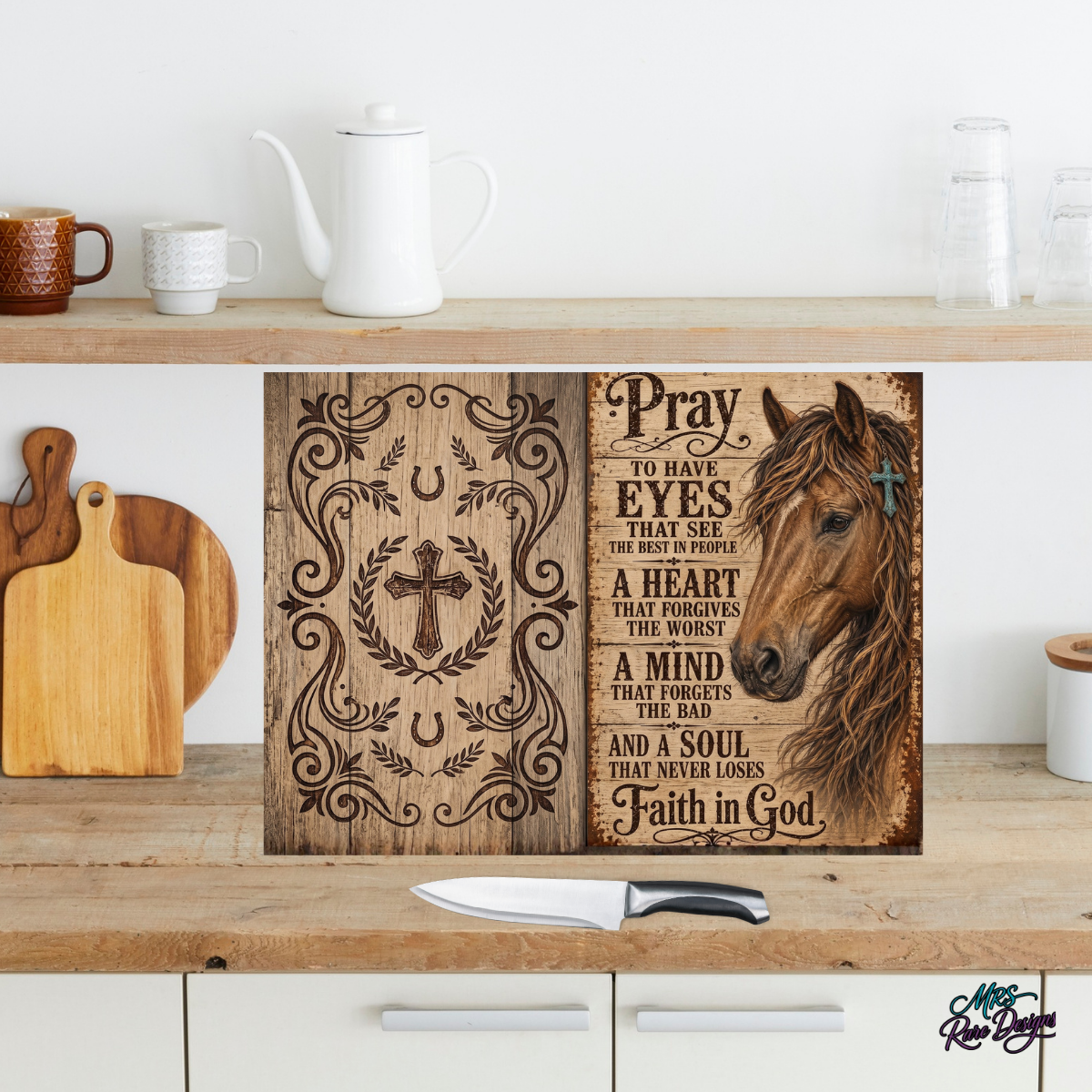 "Faith & Freedom" Western Horse & Prayer 11x15 Glass Cutting Board with Display Stand