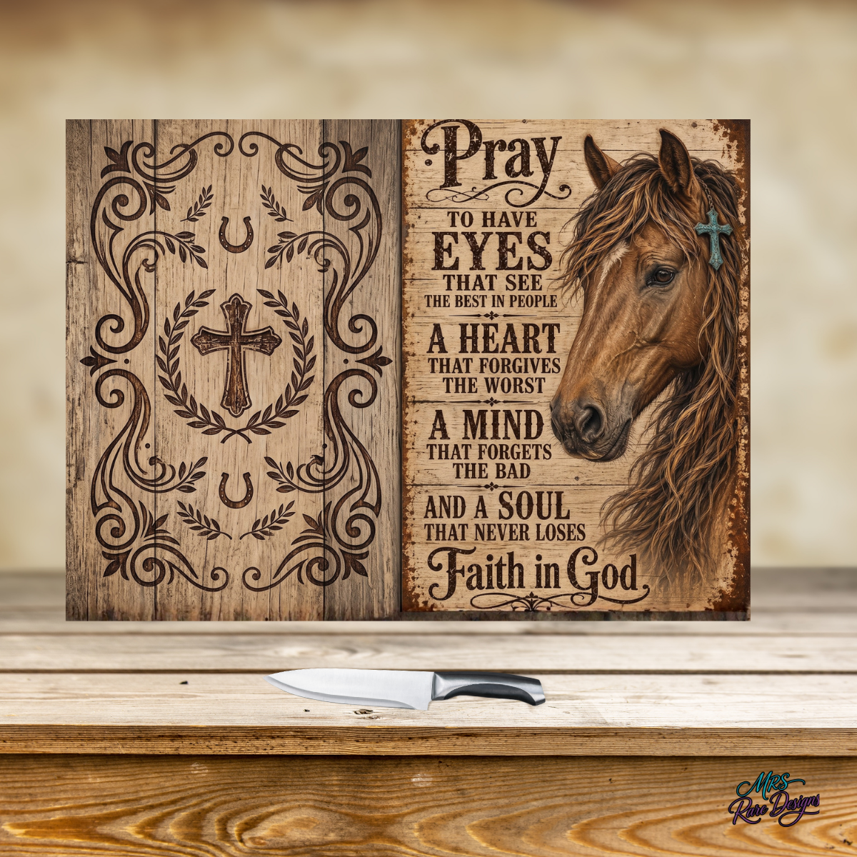 "Faith & Freedom" Western Horse & Prayer 11x15 Glass Cutting Board with Display Stand