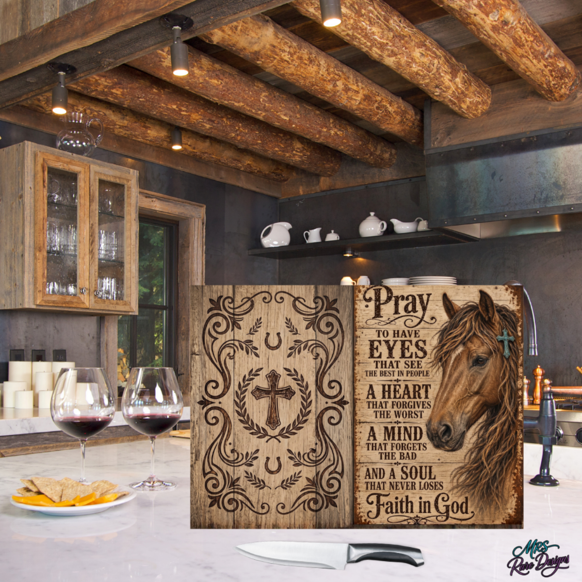 "Faith & Freedom" Western Horse & Prayer 11x15 Glass Cutting Board with Display Stand