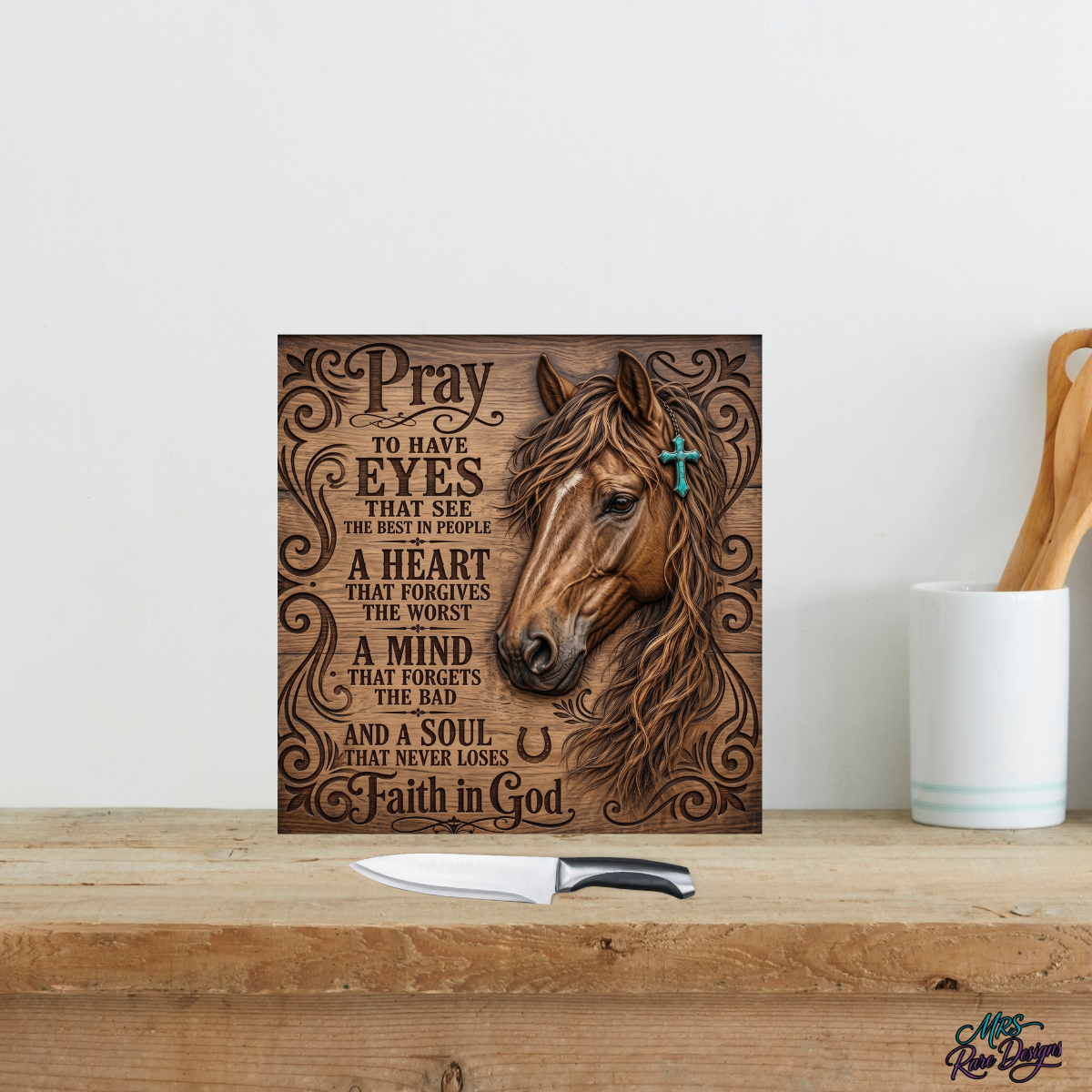 "Faith & Freedom" Western Horse & Prayer 8x8 Glass Cutting Board