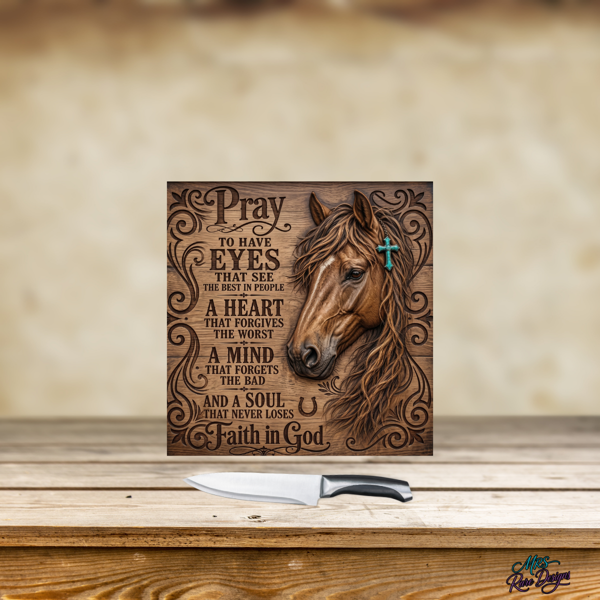 "Faith & Freedom" Western Horse & Prayer 8x8 Glass Cutting Board