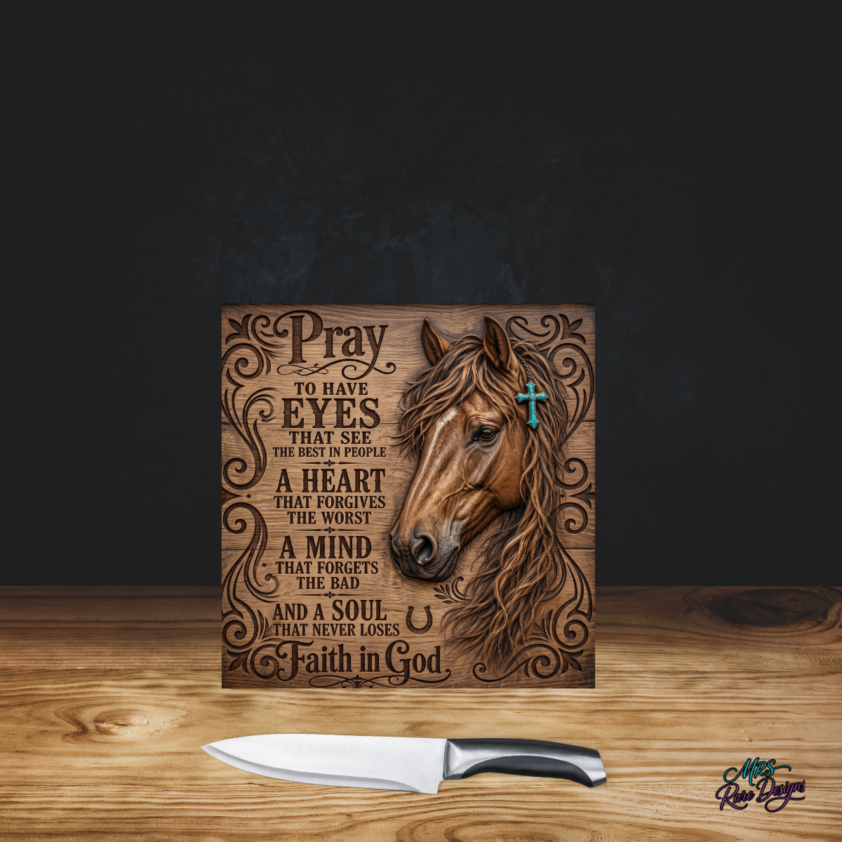 "Faith & Freedom" Western Horse & Prayer 8x8 Glass Cutting Board
