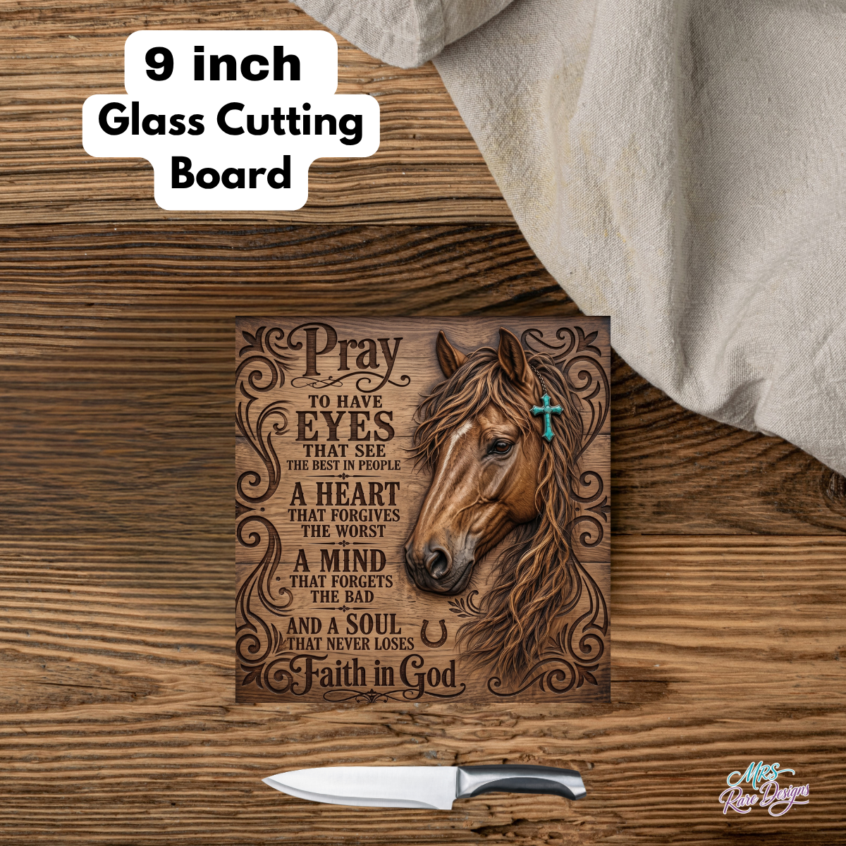 "Faith & Freedom" Western Horse & Prayer 8x8 Glass Cutting Board