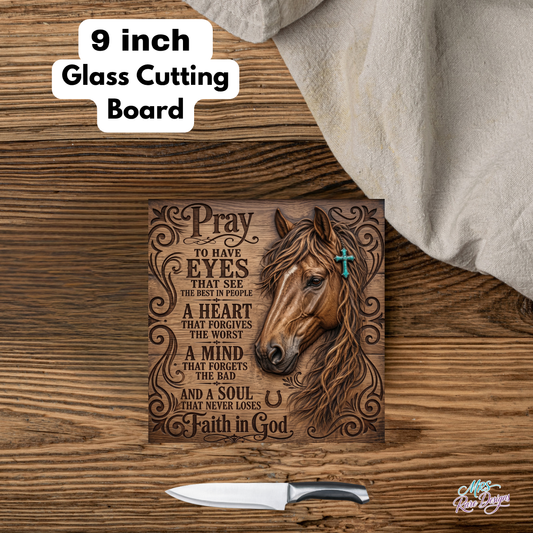 "Faith & Freedom" Western Horse & Prayer 8x8 Glass Cutting Board