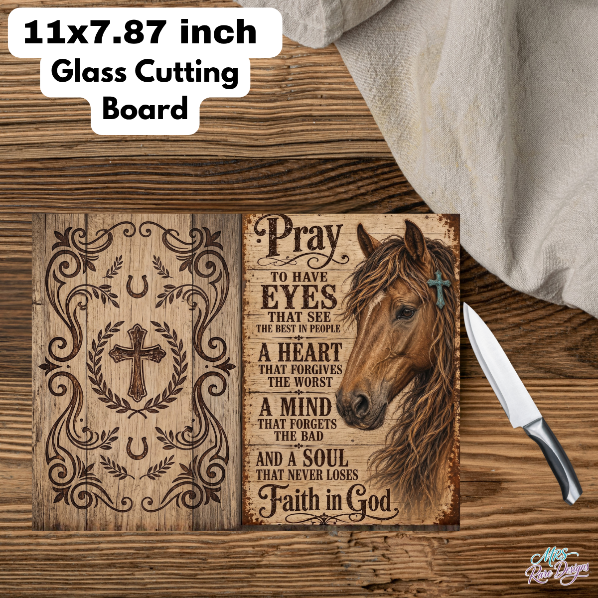 "Faith & Freedom" Western Horse & Prayer 11x7.87 Glass Cutting Board