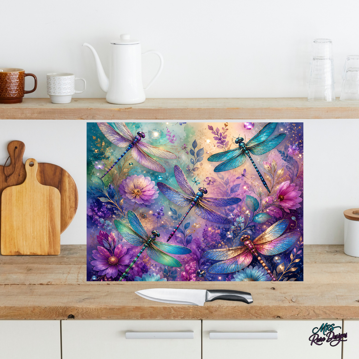 "Dragonfly Dreams" Large Glass Cutting Board with Display Stand (11" x 15")