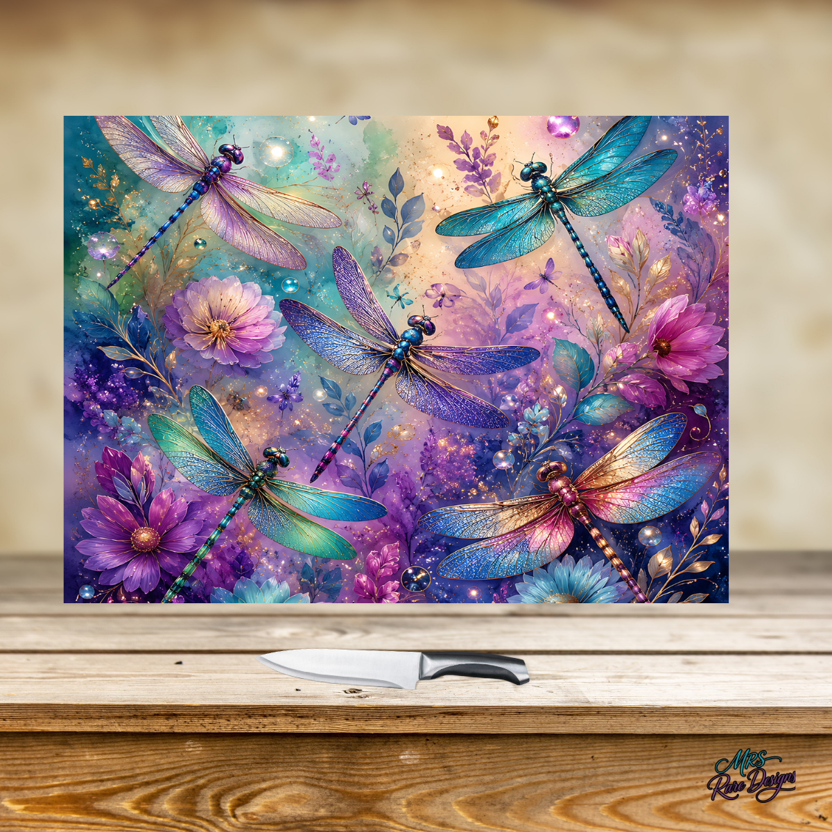 "Dragonfly Dreams" Large Glass Cutting Board with Display Stand (11" x 15")