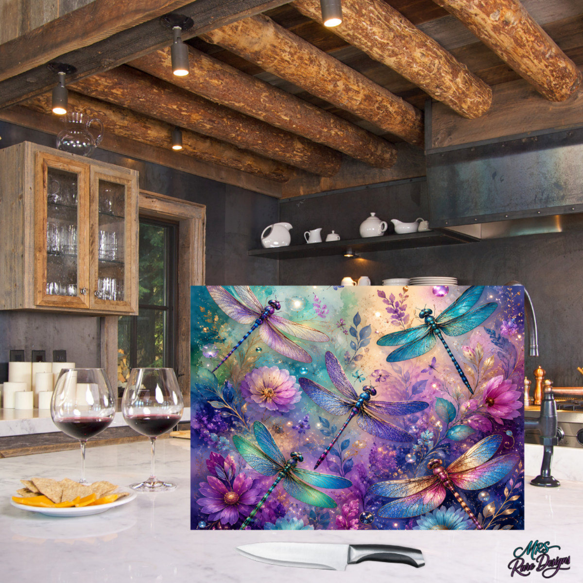 "Dragonfly Dreams" Large Glass Cutting Board with Display Stand (11" x 15")