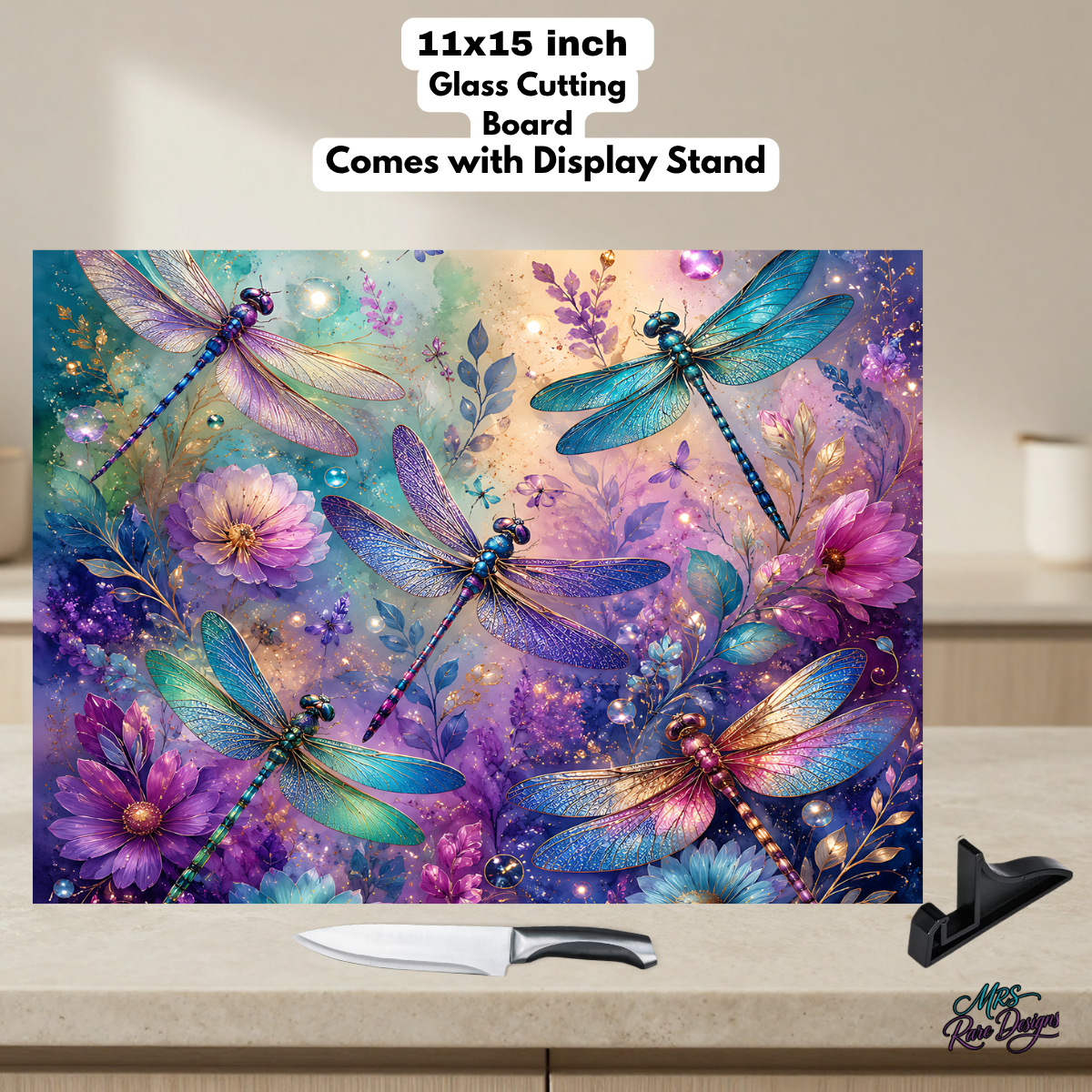 "Dragonfly Dreams" Large Glass Cutting Board with Display Stand (11" x 15")