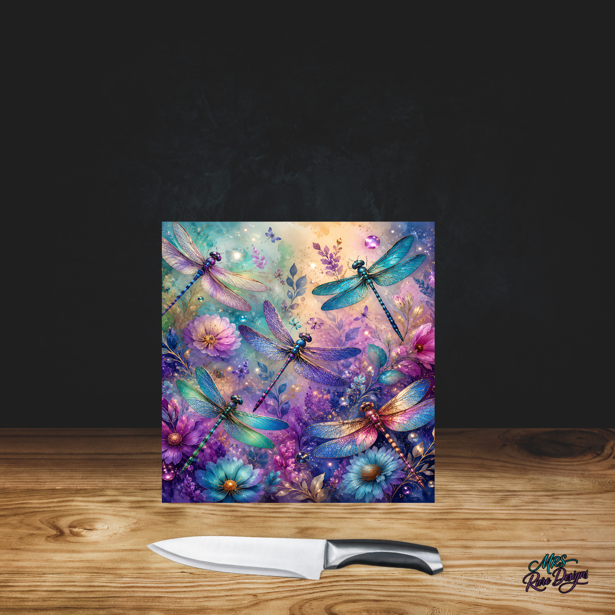 "Dragonfly Dreams" Mini Square Glass Cutting Board (9")