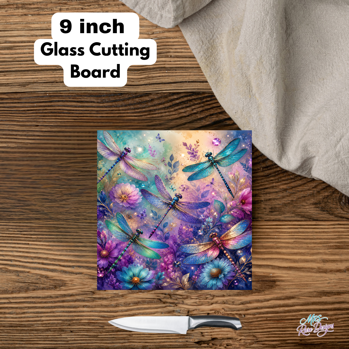 "Dragonfly Dreams" Mini Square Glass Cutting Board (9")