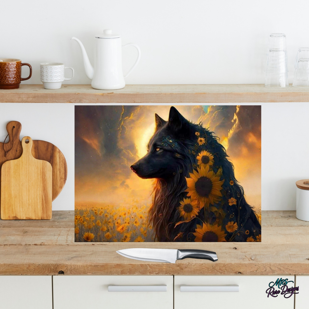 🐺🌻 "Wildflower Howl" Glass Cutting Board