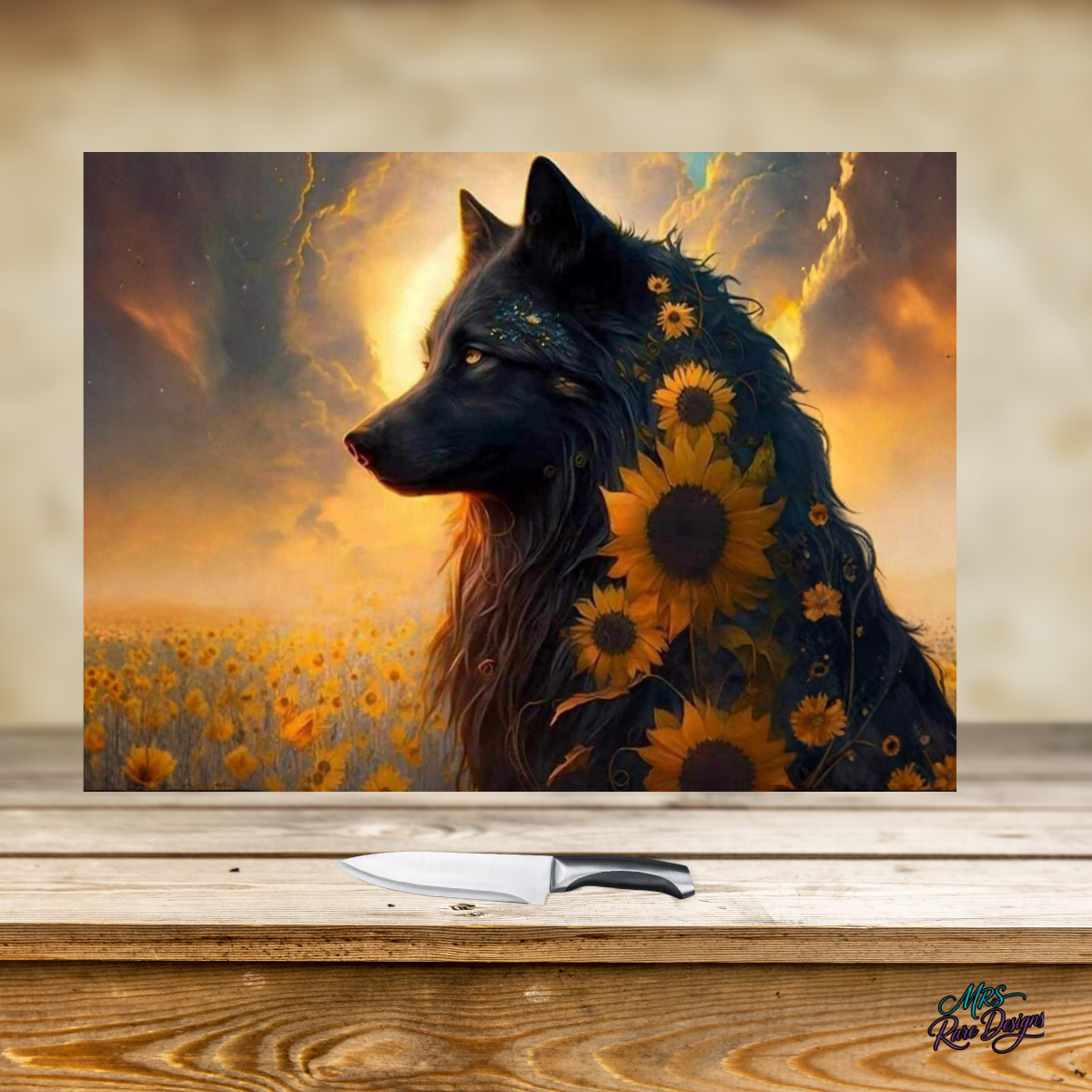 🐺🌻 "Wildflower Howl" Glass Cutting Board