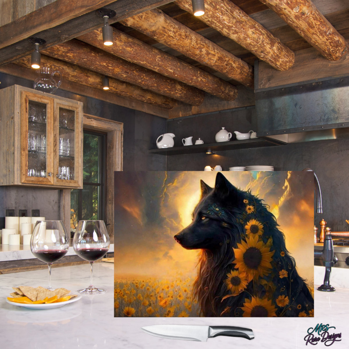 🐺🌻 "Wildflower Howl" Glass Cutting Board