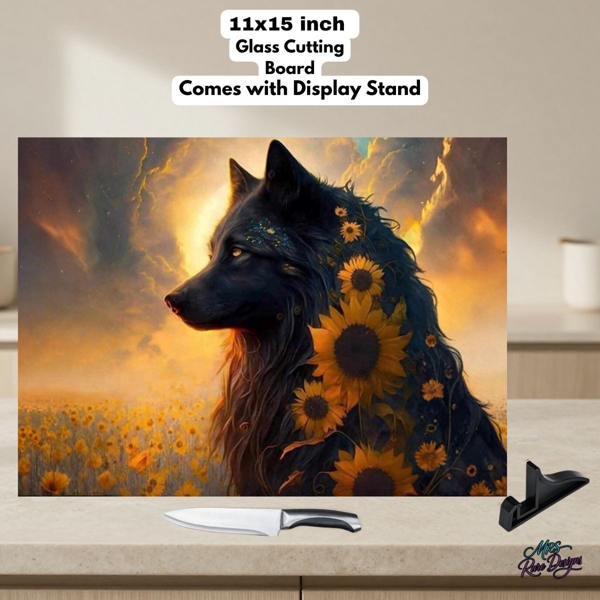 🐺🌻 "Wildflower Howl" Glass Cutting Board