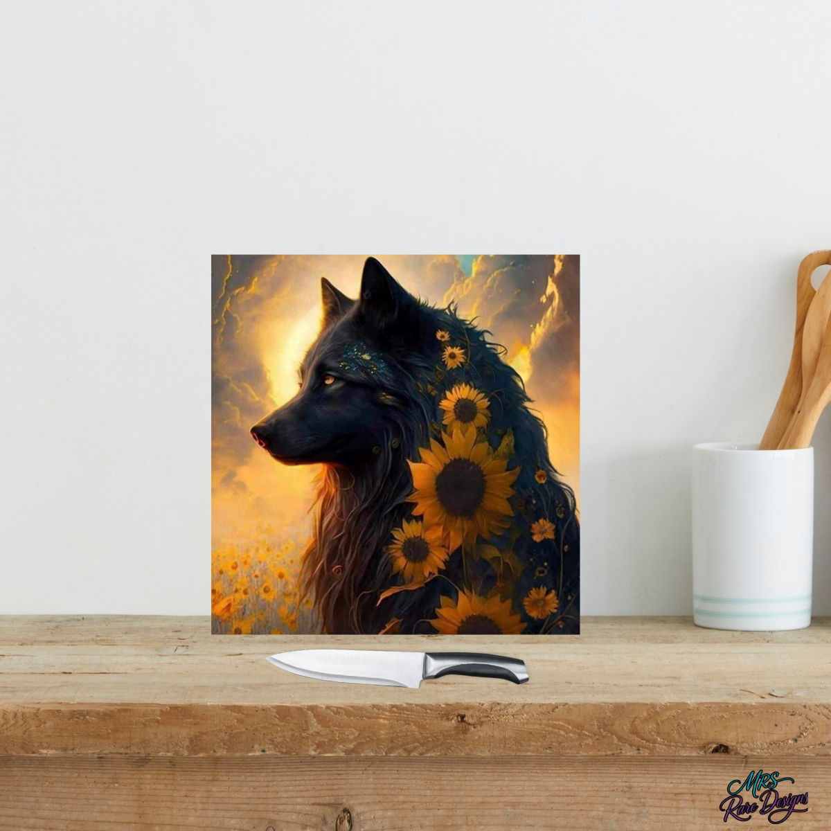 🐺🌻 "Sunset Guardian" Glass Cutting Board