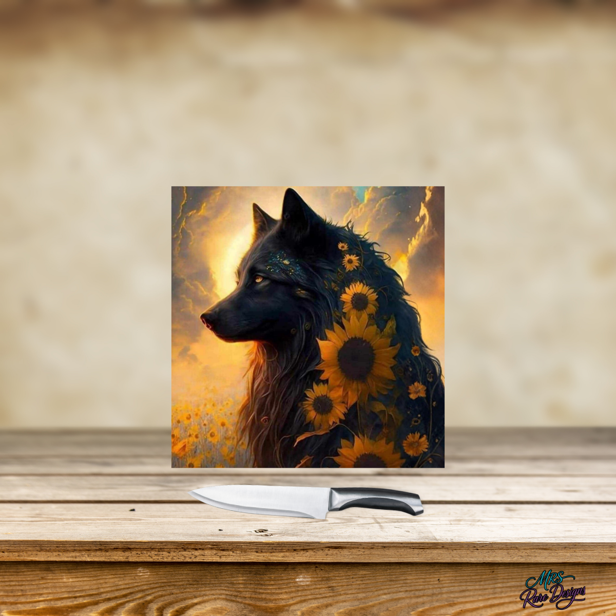 🐺🌻 "Sunset Guardian" Glass Cutting Board