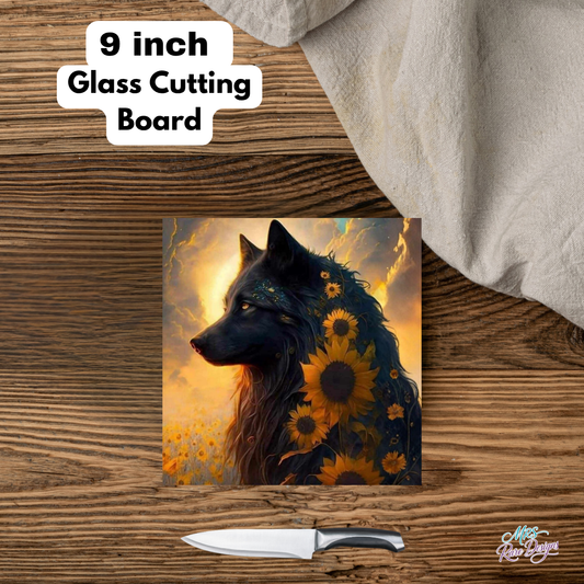 🐺🌻 "Sunset Guardian" Glass Cutting Board