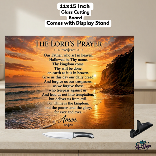 The "Daily Bread" Coastal Sunset Lord's Prayer Glass Cutting Board & Display Stand (11" x 15")