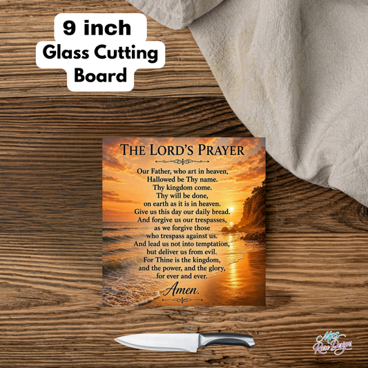 The "Daily Bread" Sunset Lord's Prayer Square Glass Cutting Board (9")
