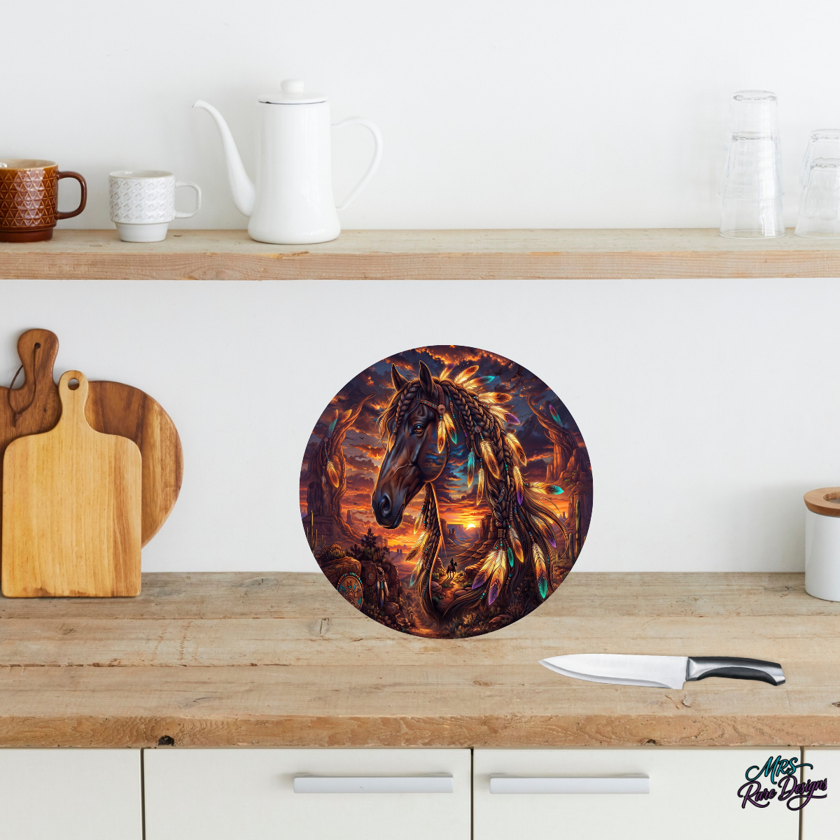 Sunset Spirit Feather Horse 9-Inch Round Glass Cutting Board