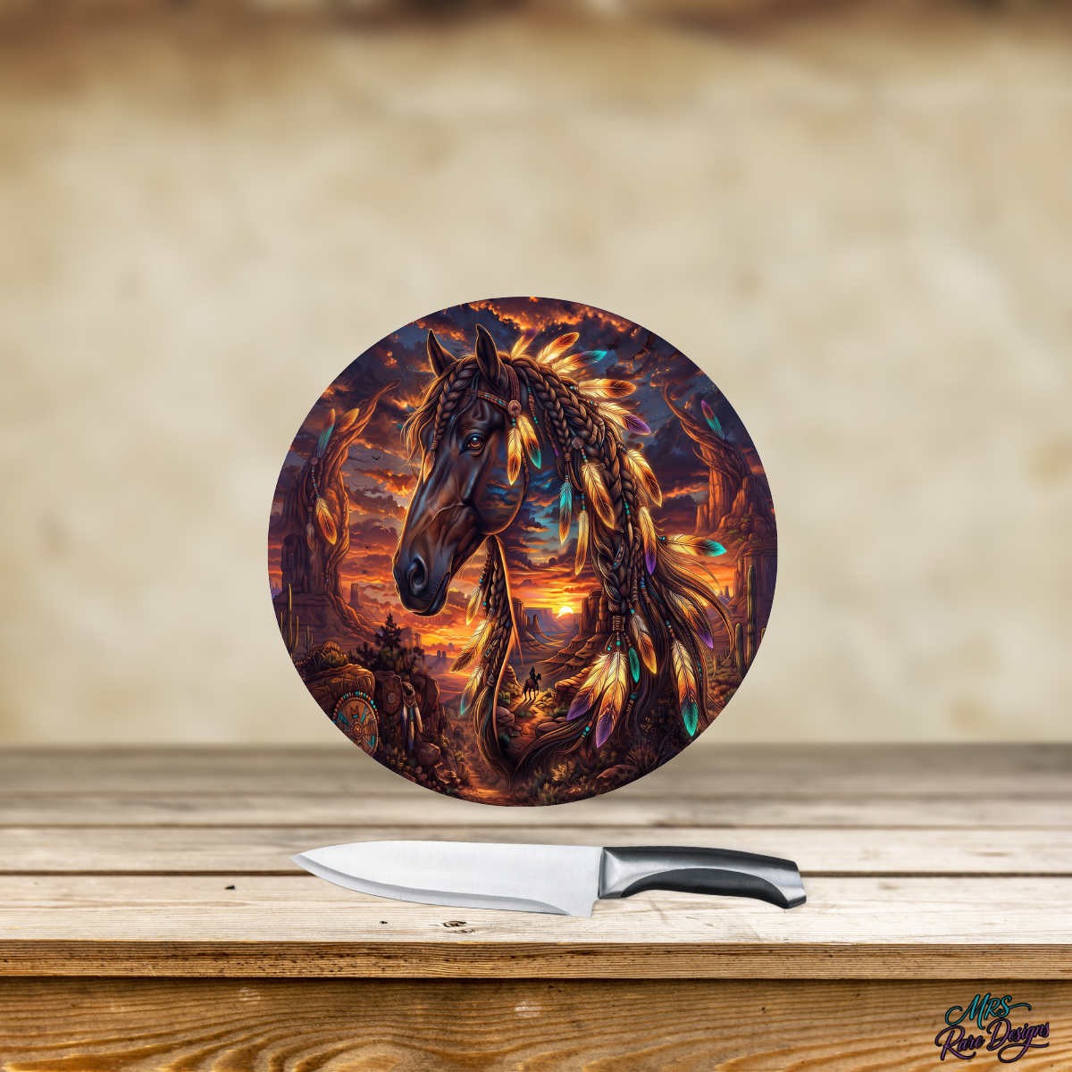 Sunset Spirit Feather Horse 9-Inch Round Glass Cutting Board