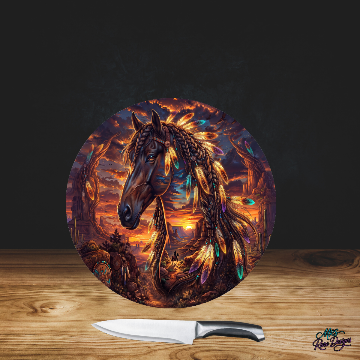 Sunset Spirit Feather Horse 9-Inch Round Glass Cutting Board
