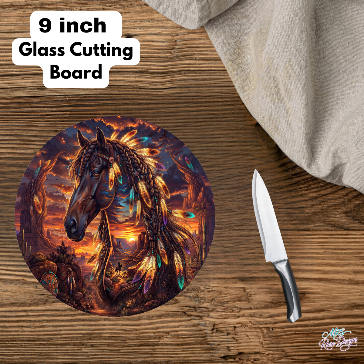 Sunset Spirit Feather Horse 9-Inch Round Glass Cutting Board