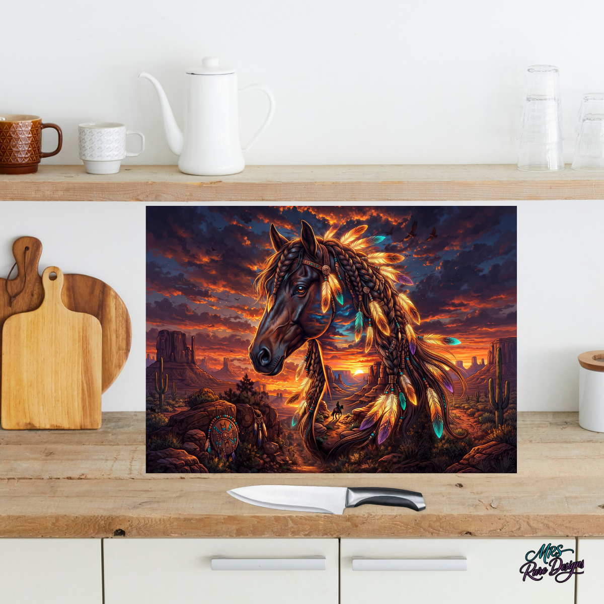 Sunset Spirit Feather Horse 11x15-Inch Rectangular Glass Cutting Board & Display Stand