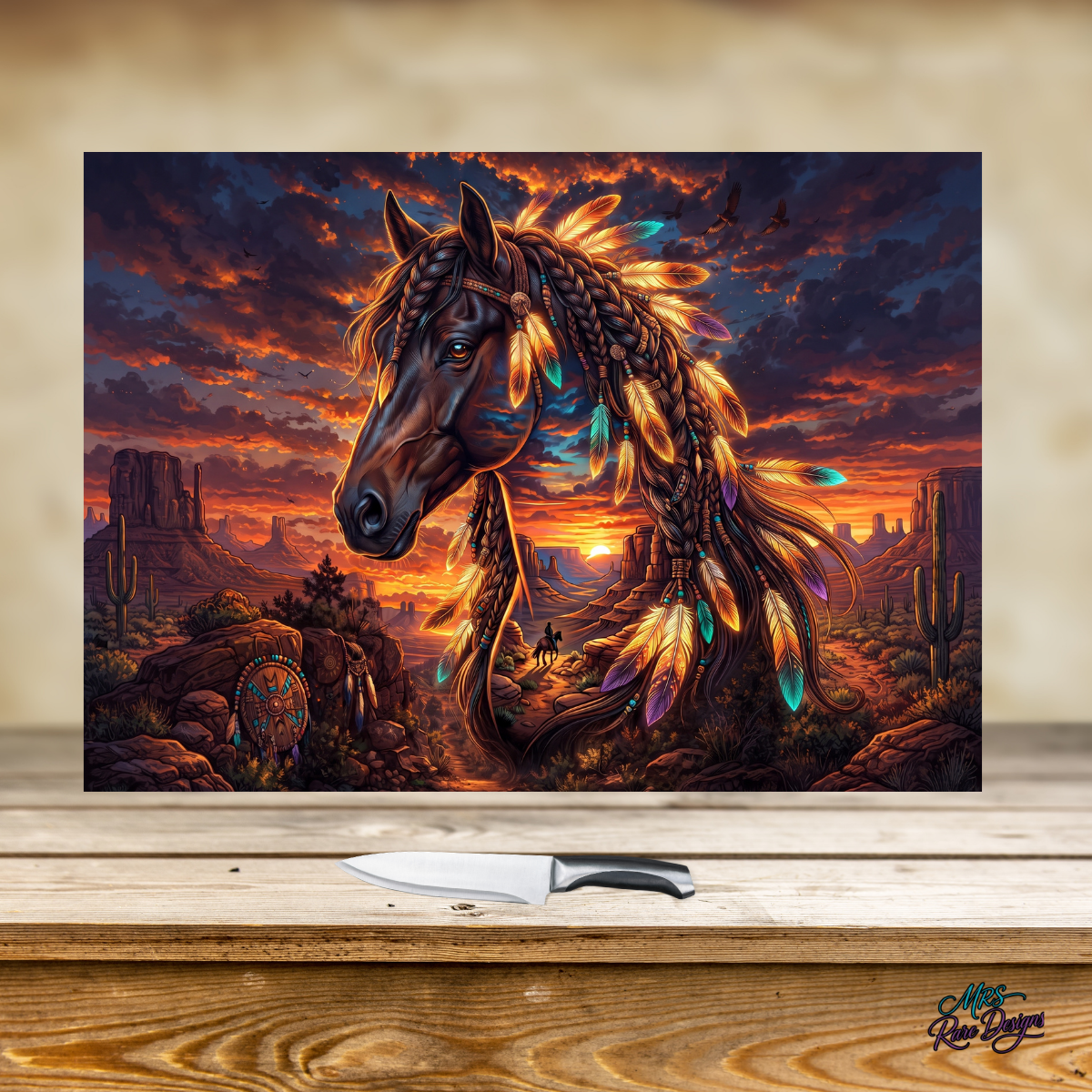 Sunset Spirit Feather Horse 11x15-Inch Rectangular Glass Cutting Board & Display Stand