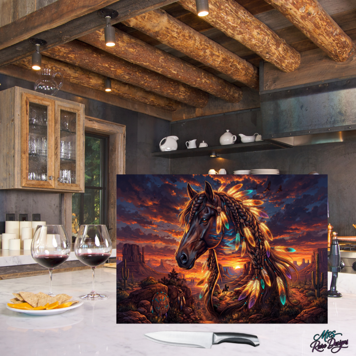 Sunset Spirit Feather Horse 11x15-Inch Rectangular Glass Cutting Board & Display Stand