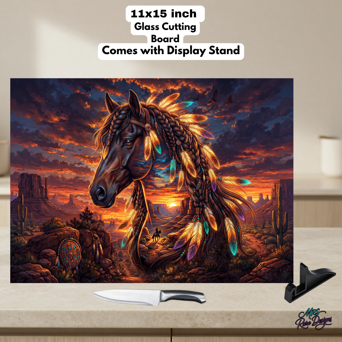 Sunset Spirit Feather Horse 11x15-Inch Rectangular Glass Cutting Board & Display Stand