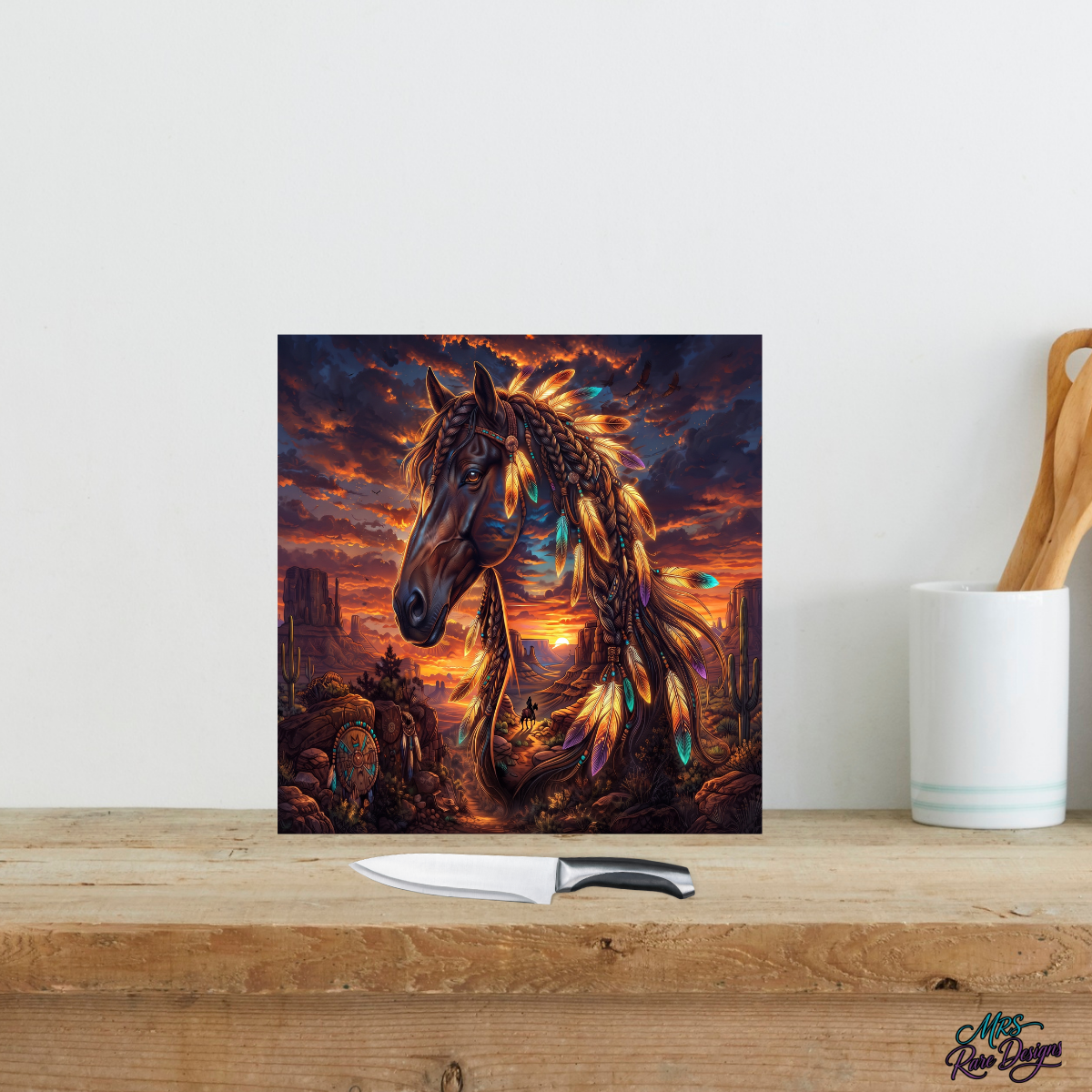 Sunset Spirit Feather Horse 9-Inch Square Glass Cutting Board